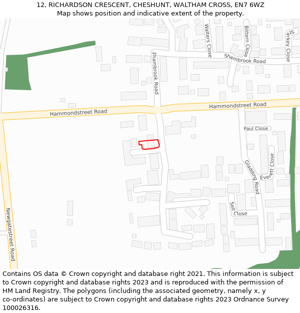 12, RICHARDSON CRESCENT, CHESHUNT, WALTHAM CROSS, EN7 6WZ: Location map and indicative extent of plot