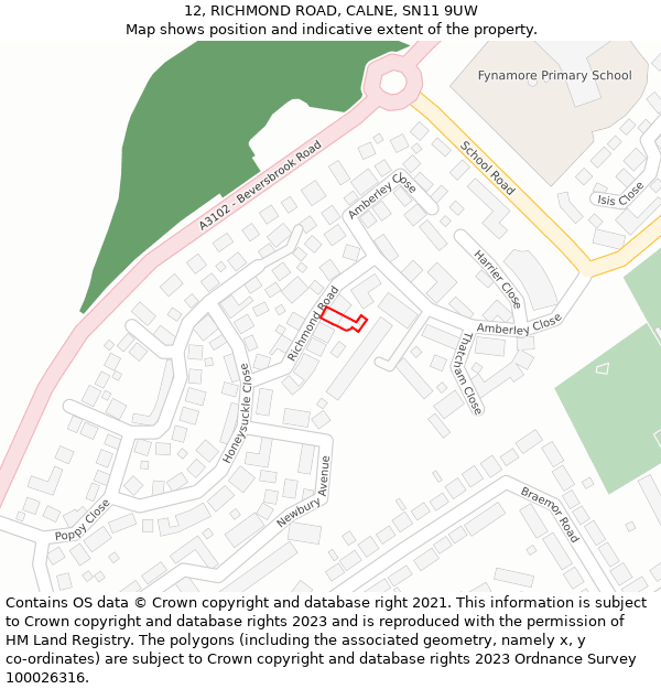 12, RICHMOND ROAD, CALNE, SN11 9UW: Location map and indicative extent of plot
