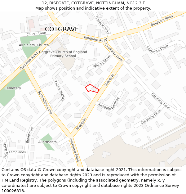 12, RISEGATE, COTGRAVE, NOTTINGHAM, NG12 3JF: Location map and indicative extent of plot