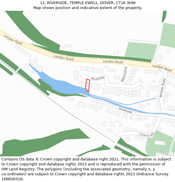 12, RIVERSIDE, TEMPLE EWELL, DOVER, CT16 3HW: Location map and indicative extent of plot