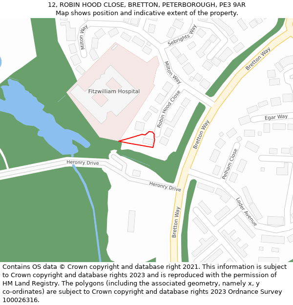 12, ROBIN HOOD CLOSE, BRETTON, PETERBOROUGH, PE3 9AR: Location map and indicative extent of plot