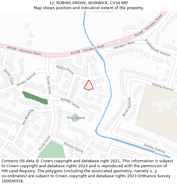 12, ROBINS GROVE, WARWICK, CV34 6RF: Location map and indicative extent of plot