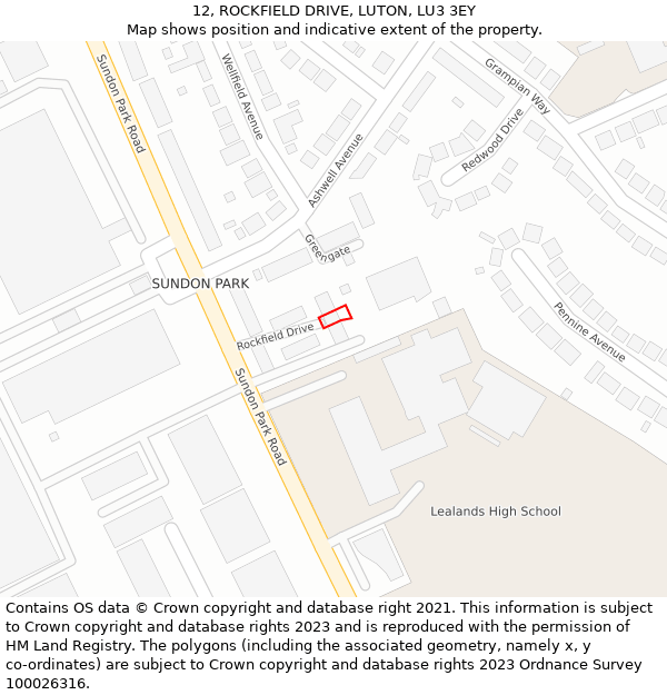 12, ROCKFIELD DRIVE, LUTON, LU3 3EY: Location map and indicative extent of plot