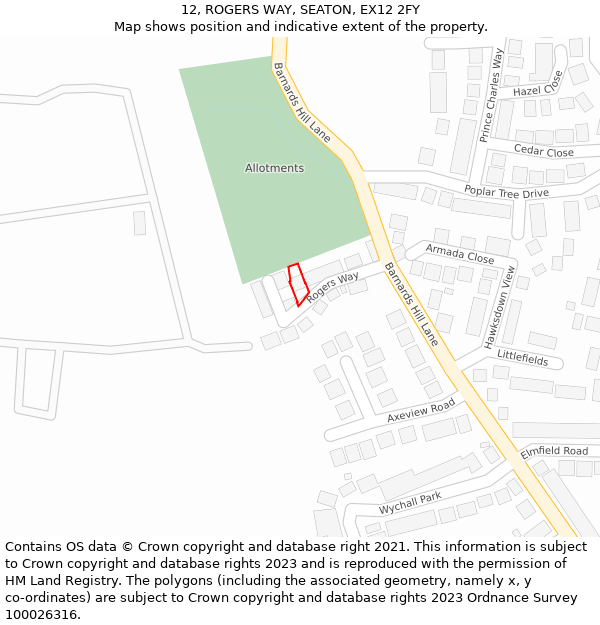 12, ROGERS WAY, SEATON, EX12 2FY: Location map and indicative extent of plot