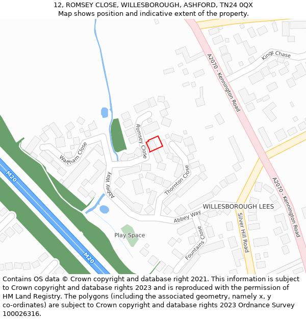 12, ROMSEY CLOSE, WILLESBOROUGH, ASHFORD, TN24 0QX: Location map and indicative extent of plot