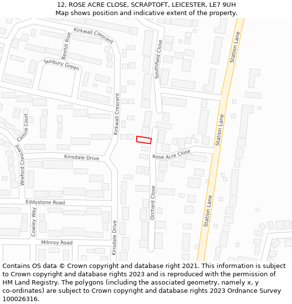 12, ROSE ACRE CLOSE, SCRAPTOFT, LEICESTER, LE7 9UH: Location map and indicative extent of plot