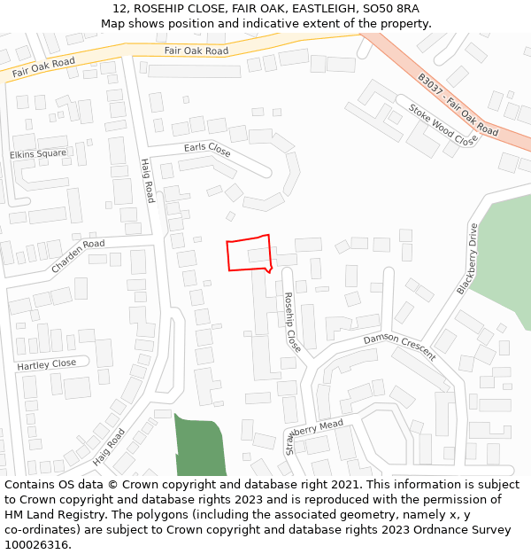 12, ROSEHIP CLOSE, FAIR OAK, EASTLEIGH, SO50 8RA: Location map and indicative extent of plot