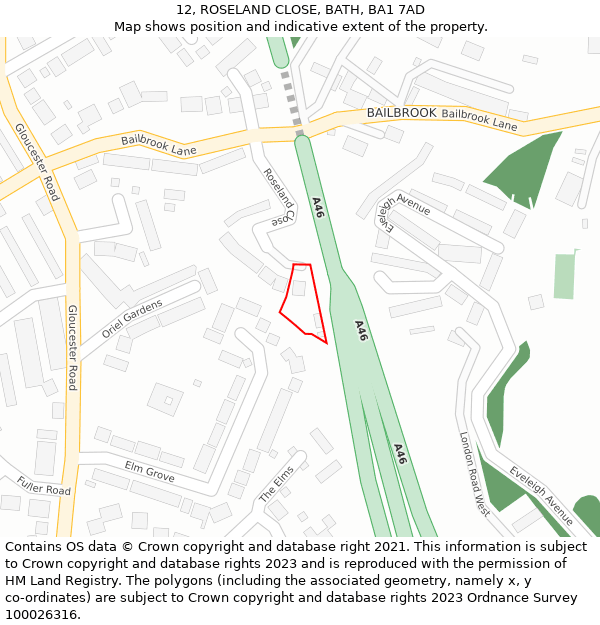 12, ROSELAND CLOSE, BATH, BA1 7AD: Location map and indicative extent of plot