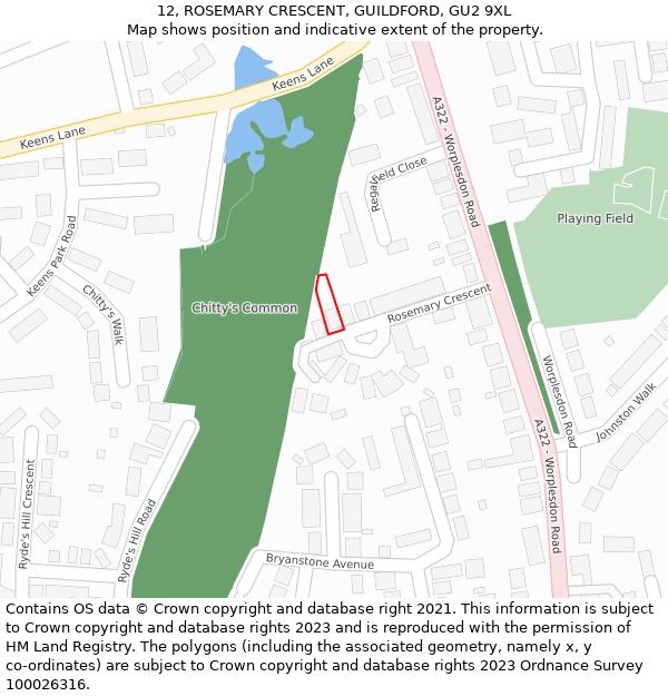 12, ROSEMARY CRESCENT, GUILDFORD, GU2 9XL: Location map and indicative extent of plot