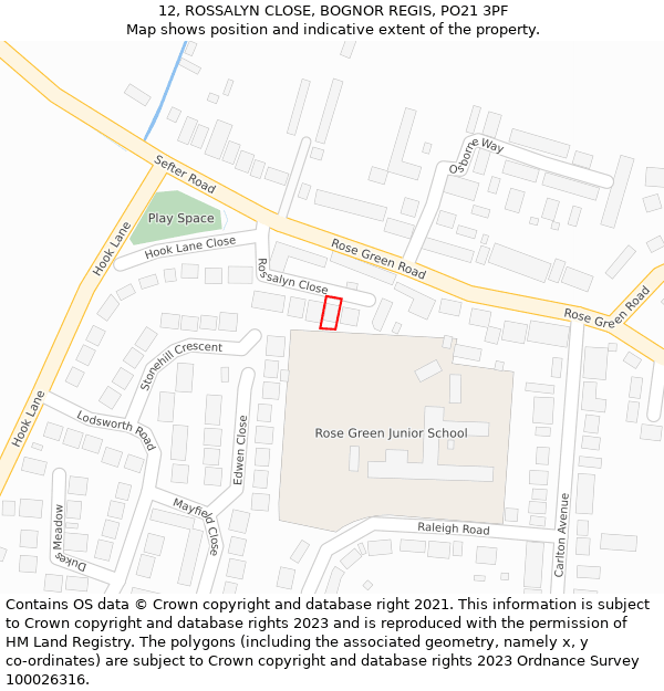 12, ROSSALYN CLOSE, BOGNOR REGIS, PO21 3PF: Location map and indicative extent of plot