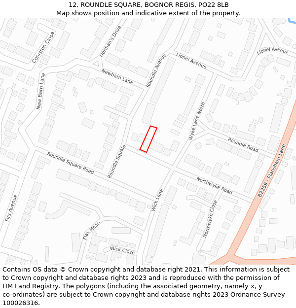 12, ROUNDLE SQUARE, BOGNOR REGIS, PO22 8LB: Location map and indicative extent of plot