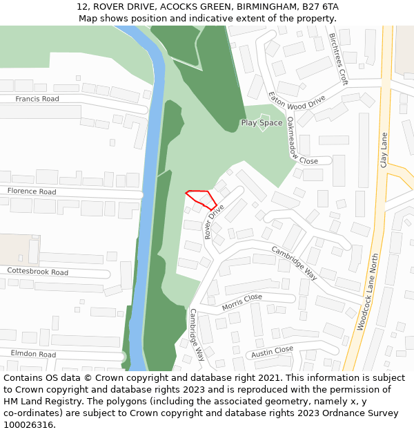 12, ROVER DRIVE, ACOCKS GREEN, BIRMINGHAM, B27 6TA: Location map and indicative extent of plot
