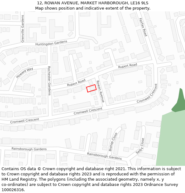 12, ROWAN AVENUE, MARKET HARBOROUGH, LE16 9LS: Location map and indicative extent of plot