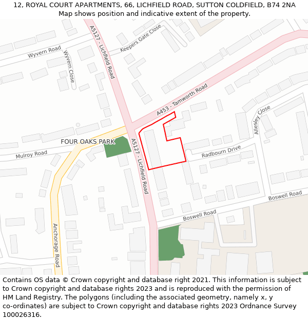 12, ROYAL COURT APARTMENTS, 66, LICHFIELD ROAD, SUTTON COLDFIELD, B74 2NA: Location map and indicative extent of plot