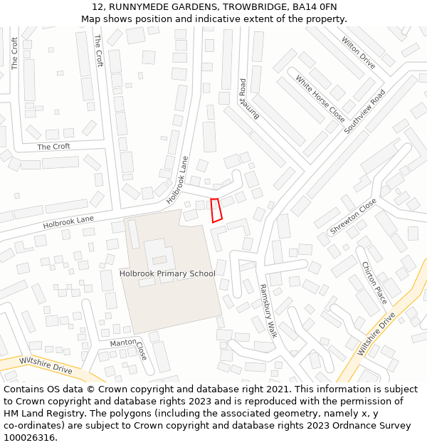 12, RUNNYMEDE GARDENS, TROWBRIDGE, BA14 0FN: Location map and indicative extent of plot