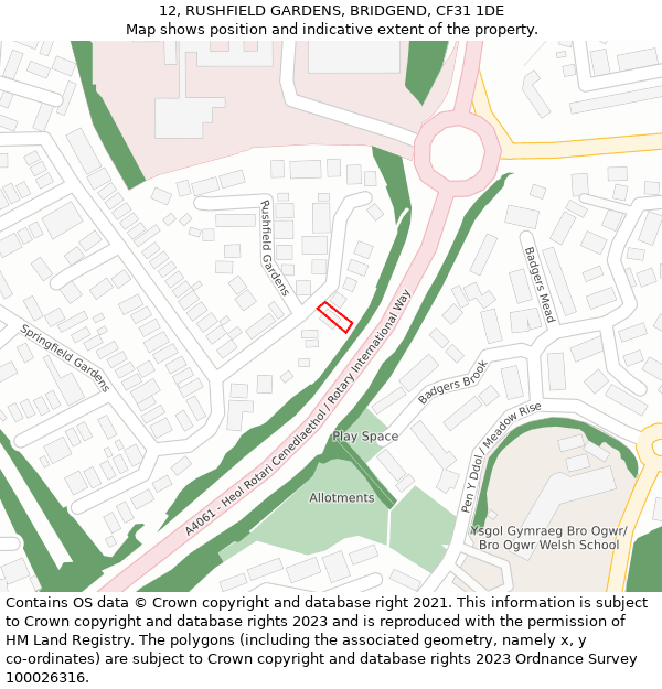 12, RUSHFIELD GARDENS, BRIDGEND, CF31 1DE: Location map and indicative extent of plot