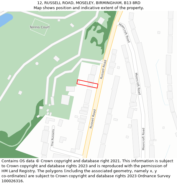12, RUSSELL ROAD, MOSELEY, BIRMINGHAM, B13 8RD: Location map and indicative extent of plot