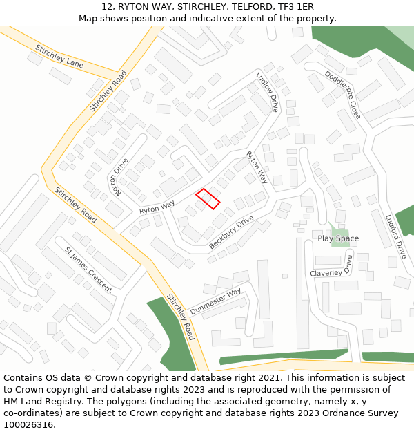 12, RYTON WAY, STIRCHLEY, TELFORD, TF3 1ER: Location map and indicative extent of plot