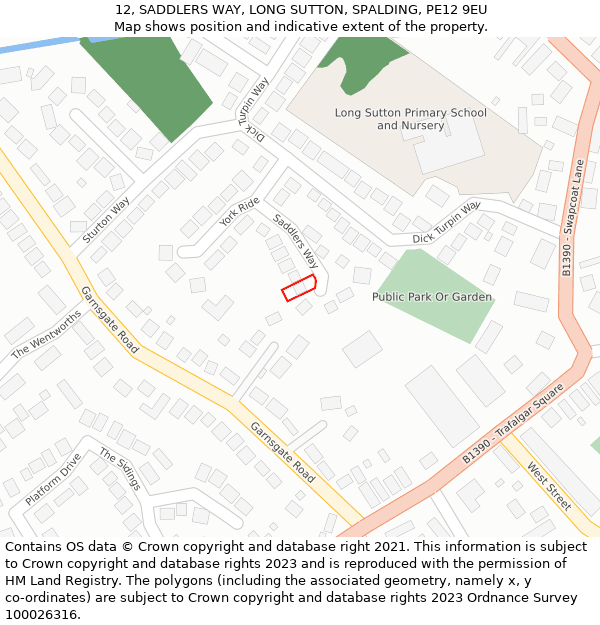 12, SADDLERS WAY, LONG SUTTON, SPALDING, PE12 9EU: Location map and indicative extent of plot