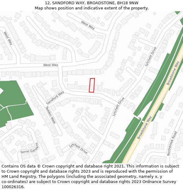 12, SANDFORD WAY, BROADSTONE, BH18 9NW: Location map and indicative extent of plot