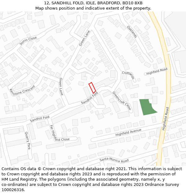 12, SANDHILL FOLD, IDLE, BRADFORD, BD10 8XB: Location map and indicative extent of plot