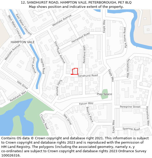 12, SANDHURST ROAD, HAMPTON VALE, PETERBOROUGH, PE7 8LQ: Location map and indicative extent of plot