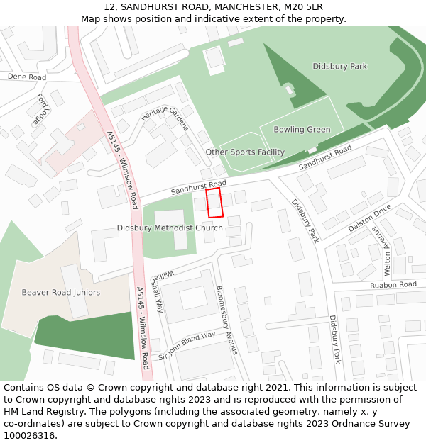 12, SANDHURST ROAD, MANCHESTER, M20 5LR: Location map and indicative extent of plot