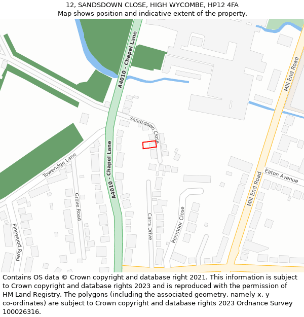 12, SANDSDOWN CLOSE, HIGH WYCOMBE, HP12 4FA: Location map and indicative extent of plot