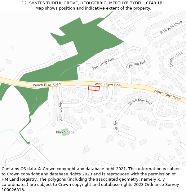 12, SANTES TUDFUL GROVE, HEOLGERRIG, MERTHYR TYDFIL, CF48 1BL: Location map and indicative extent of plot