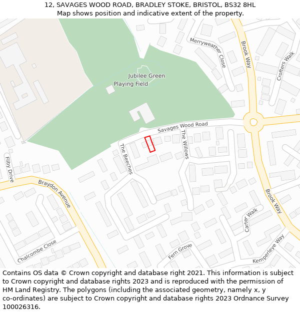 12, SAVAGES WOOD ROAD, BRADLEY STOKE, BRISTOL, BS32 8HL: Location map and indicative extent of plot