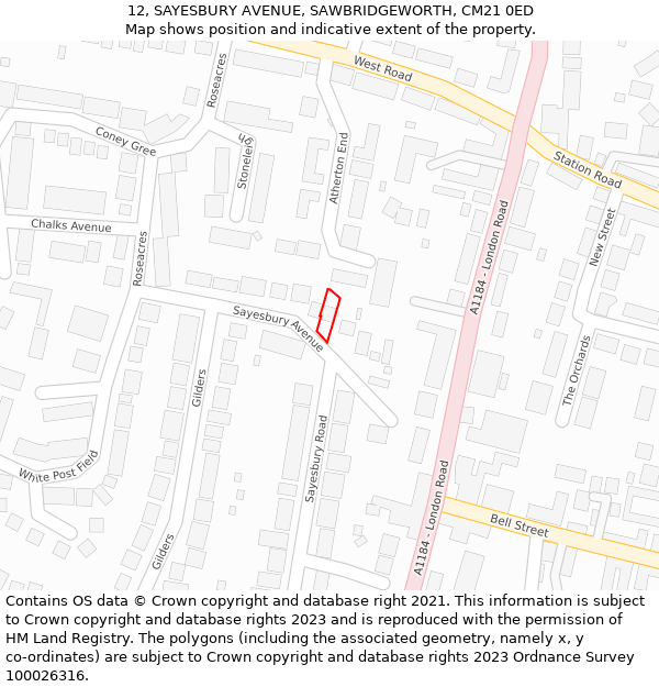 12, SAYESBURY AVENUE, SAWBRIDGEWORTH, CM21 0ED: Location map and indicative extent of plot