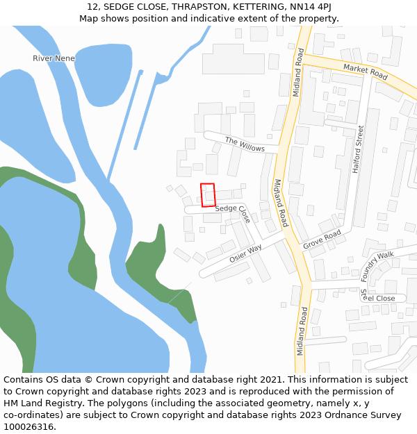 12, SEDGE CLOSE, THRAPSTON, KETTERING, NN14 4PJ: Location map and indicative extent of plot
