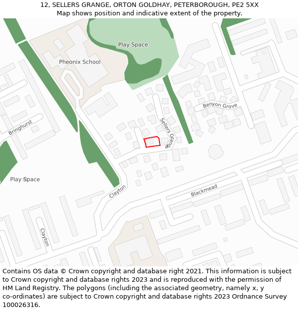 12, SELLERS GRANGE, ORTON GOLDHAY, PETERBOROUGH, PE2 5XX: Location map and indicative extent of plot