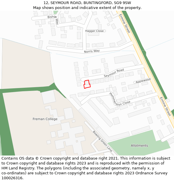 12, SEYMOUR ROAD, BUNTINGFORD, SG9 9SW: Location map and indicative extent of plot