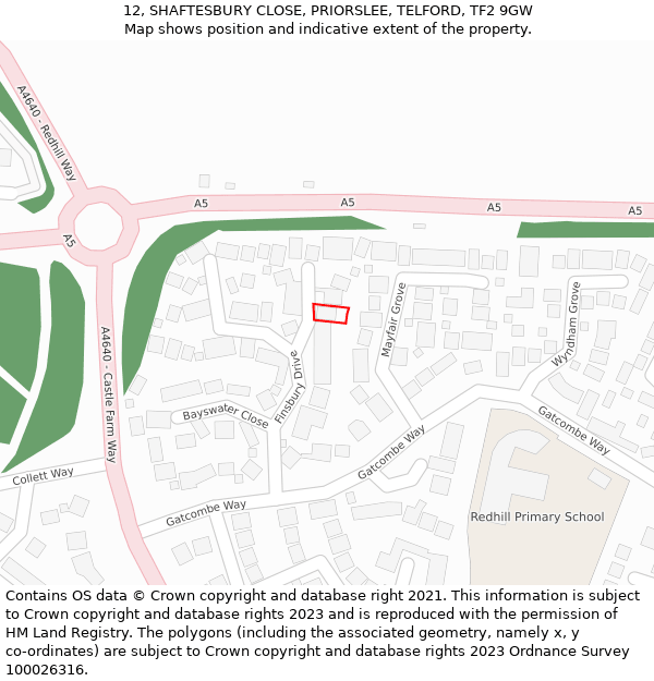 12, SHAFTESBURY CLOSE, PRIORSLEE, TELFORD, TF2 9GW: Location map and indicative extent of plot