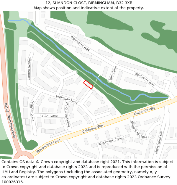 12, SHANDON CLOSE, BIRMINGHAM, B32 3XB: Location map and indicative extent of plot