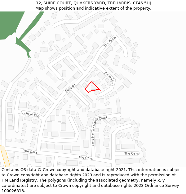 12, SHIRE COURT, QUAKERS YARD, TREHARRIS, CF46 5HJ: Location map and indicative extent of plot
