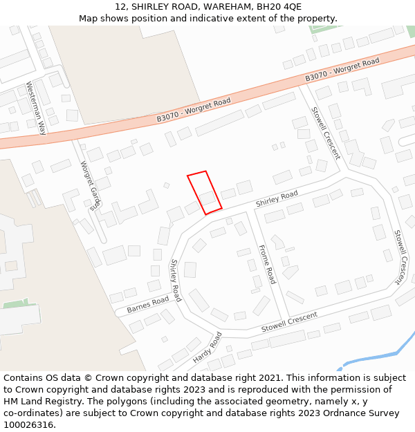 12, SHIRLEY ROAD, WAREHAM, BH20 4QE: Location map and indicative extent of plot