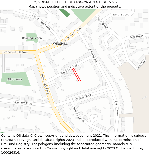 12, SIDDALLS STREET, BURTON-ON-TRENT, DE15 0LX: Location map and indicative extent of plot