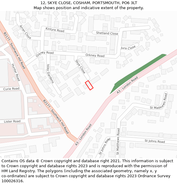 12, SKYE CLOSE, COSHAM, PORTSMOUTH, PO6 3LT: Location map and indicative extent of plot