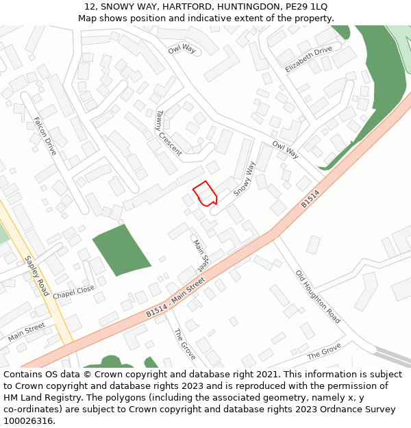 12, SNOWY WAY, HARTFORD, HUNTINGDON, PE29 1LQ: Location map and indicative extent of plot