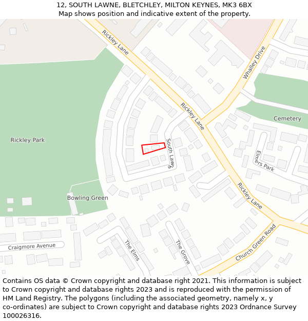 12, SOUTH LAWNE, BLETCHLEY, MILTON KEYNES, MK3 6BX: Location map and indicative extent of plot