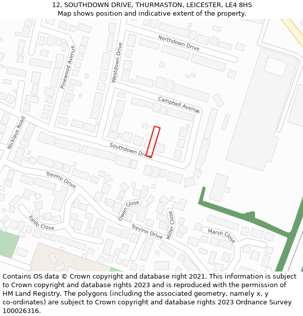 12, SOUTHDOWN DRIVE, THURMASTON, LEICESTER, LE4 8HS: Location map and indicative extent of plot