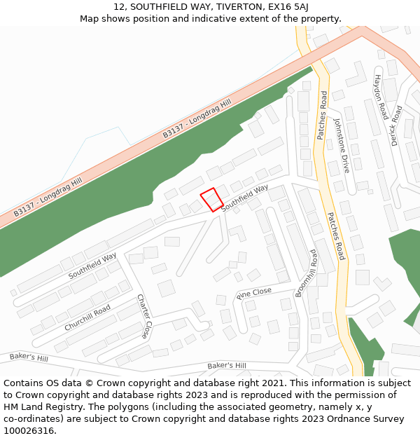 12, SOUTHFIELD WAY, TIVERTON, EX16 5AJ: Location map and indicative extent of plot