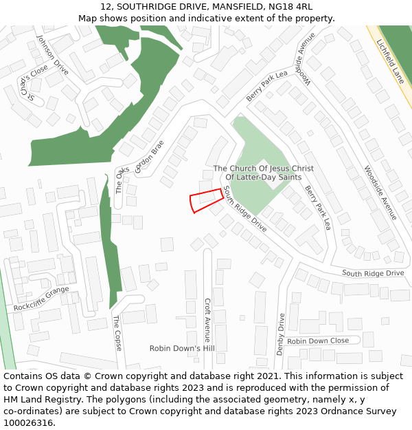 12, SOUTHRIDGE DRIVE, MANSFIELD, NG18 4RL: Location map and indicative extent of plot