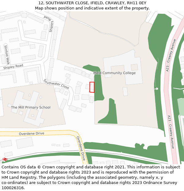 12, SOUTHWATER CLOSE, IFIELD, CRAWLEY, RH11 0EY: Location map and indicative extent of plot