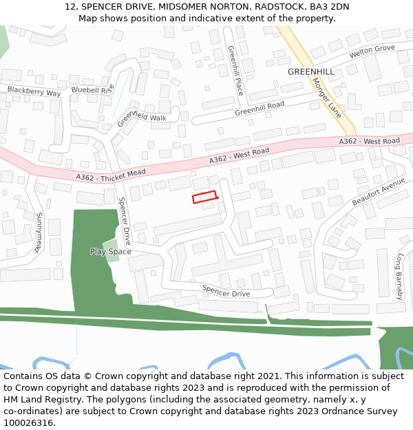 12, SPENCER DRIVE, MIDSOMER NORTON, RADSTOCK, BA3 2DN: Location map and indicative extent of plot