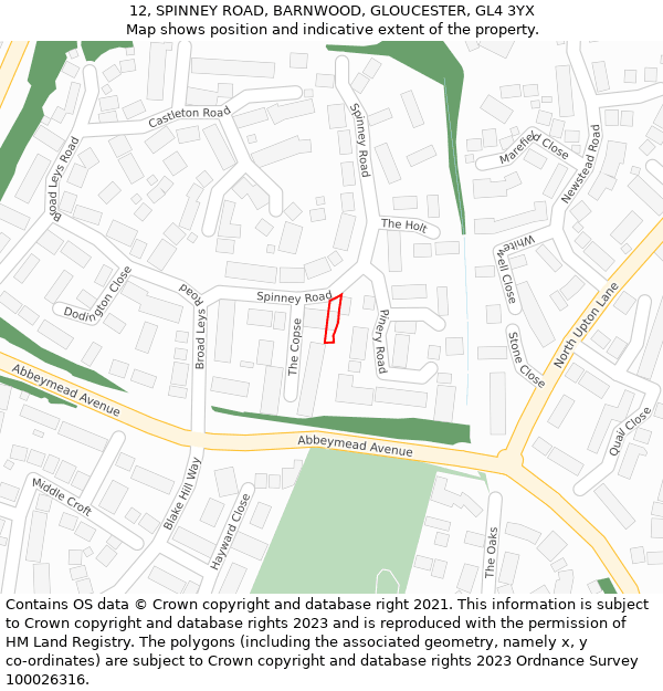 12, SPINNEY ROAD, BARNWOOD, GLOUCESTER, GL4 3YX: Location map and indicative extent of plot