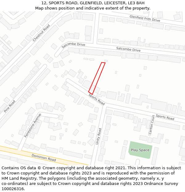 12, SPORTS ROAD, GLENFIELD, LEICESTER, LE3 8AH: Location map and indicative extent of plot