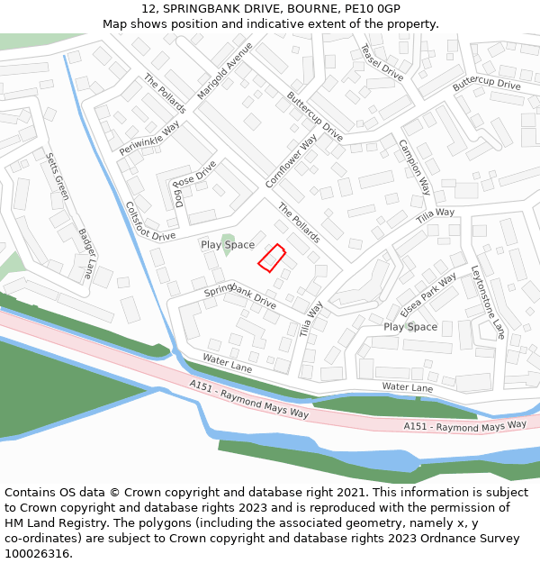 12, SPRINGBANK DRIVE, BOURNE, PE10 0GP: Location map and indicative extent of plot